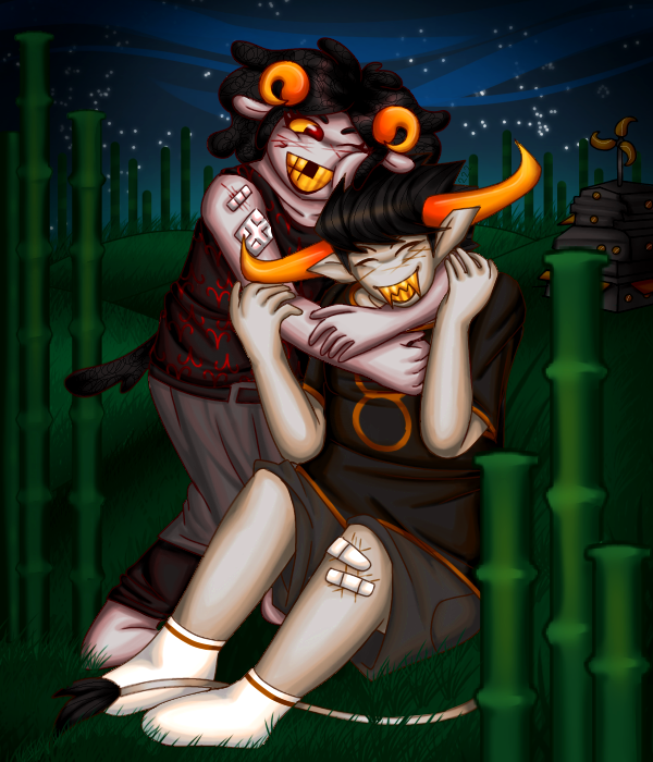 Digital art of Tavros and Aradia as 5-6 year olds hanging out nearby Aradia's hive. Aradia has Tavros in a friendly headlock, and they are both smiling wide. They both have a couple of scratches and bandaids on their bodies as a result of their roughhousing.